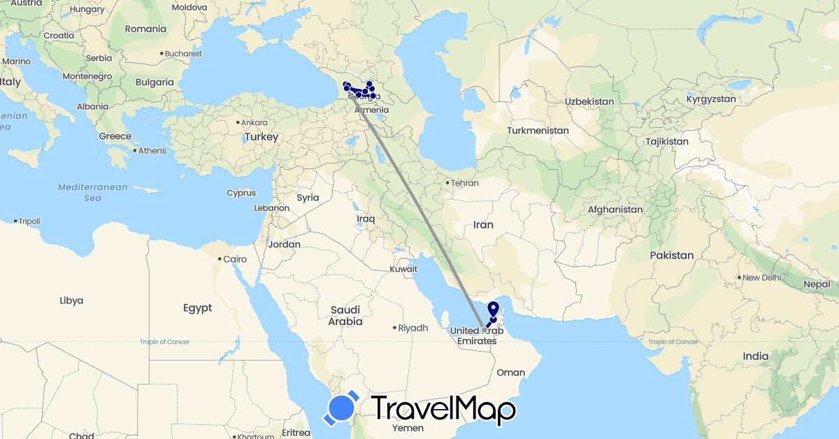 TravelMap itinerary: driving, plane in United Arab Emirates, Georgia (Asia)